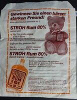 Gyűjteménybe ritkaság ! 1987-es osztrák nyereményjáték, tombola  papír tasak "Stroh  Rum 80%"