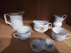 Hollóházi salt shaker, pourer, shielded teacups, Elbógeni coffee house pourer, Alföldi sauce set