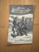 Antik képeslap - Újév, gyerekek, lóhere, hóesés