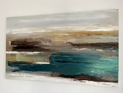 Szalai Krisztián: A Balaton partján. 90x150cm struktúrált absztrakt olajfestmény.