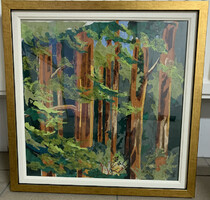 Keresztes Zsuzsa: Vörös izzásban (40 x 40 cm rongykép-farost)