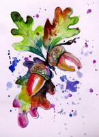Oak branch II - watercolor painting/ Tölgyfaág II- akvarell festmény