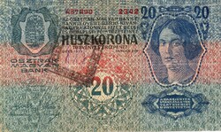 Papírpénz: Húsz (20) Korona, I kiadás, 1913. Bélyegzés.
