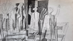 Varga Hajdú István: A gyűlés - grafika 1977-ből, szitanyomat