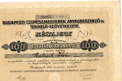 Részjegy: Budapesti Czipészmesterek termelő szövetkezete, Budapest 1916.