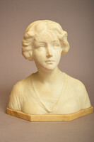 French Art Nouveau alabaster bust of a young girl, marble base (1900), signed Latour.