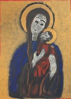 Mária a kis Jézussal - modern stílusú régi, szakrális témájú festmény