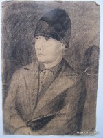 Magyar művész XX. század eleje: Kucsmás fiú papír, szén, 28 x 20 cm. sérült