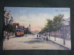 Képeslap, Pécs,Indóház utca,Villamos,megálló látkép,részlet,1913-