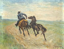 Pogány Lajos (1873-1947): Csikós (olaj, vászon) paraszti életkép, lovas