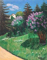 János Csermely (1882-1963): Summer Park Scene with Organs (oil on canvas) 1910s - colorful flowers