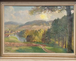 Hans Beat Wieland (1867-1945) - Város az Alpokban olaj-vászon festmény!