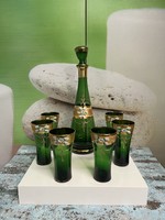 Cseh Bohemia Zöld Üveg Virágmintás Aranyozott Italos Készlet A109