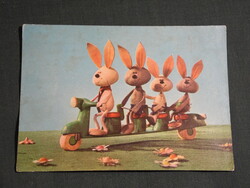 Képeslap,Foky Ottó,grafikai rajzos,bábfilm részlet,húsvét,nyúl,motorkerékpár,ünnepi,1966-
