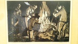 Stettner Béla / 1928-1984/, Munkácsy-díjas grafikus linómetszete " Disznóperzselés" 1958-as