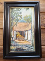 Szamosvári József: Falusi udvar, olaj, 35 x 20 cm, festmény