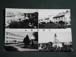 Képeslap,Abony,mozaik részletek,tanácsháza,templom,iskola,utca látkép,részlet, 1979-