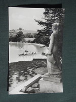 Képeslap,Abaliget,csónakázótó,korsós nő szobor látkép,részlet, 1963-