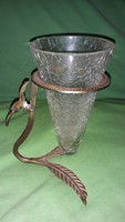 Antik ART DECO réz havasi gyopár díszes réz alapú KRISTÁLY TÖLCSÉRVÁZÁVAL 18 cm KÉPEK SZERINT