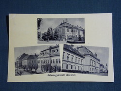 Képeslap,Balassagyarmat,mozaik,iskola,megyeháza,városháza,utca látkép,részlet,1956-