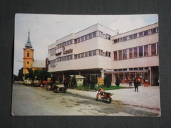Képeslap,Berettyóújfalu,ÁFÉSZ áruház,templom,motorkerékpár,autó látkép,részlet, 1979-