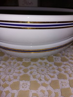 Alföldi porcelán köretes tál, arany-kék csíkos