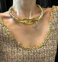 Runway style rebellious golden tone mounted with zircons lip and lip ring choker