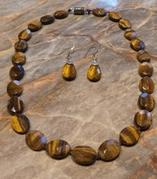 Ritkaság!- jelzett ezüst fazettált tigrisszem köves fülbevaló+fazettált tigrisszemköves nyakék szett