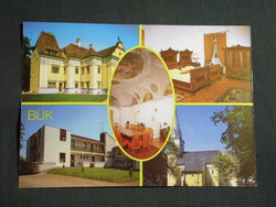 Képeslap,Bük gyógyfürdő,mozaik,Szapáry kastély,templom,üdülő látkép,részlet, 1989-