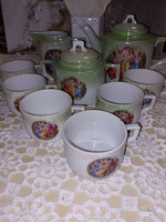 Zsolnay ritka zöld lüsztermázas, jelenetes, antik porcelán, teás készlet
