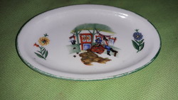 Antik pecsétes, ZSOLNAY, jelenetes kézi festett porcelán ovális tálka 11 x 7 cm a képek szerint