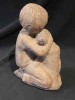 Kerámia szobor kutya és kisfiú jelzett 29 cm magas