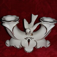 Antik német porcelán kétágú gyertyatartó galambbal, aranyozott
