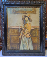 Eredeti, szignált Márk Lajos (1867-1942) hölgy enteriőrben olaj vászon festmény