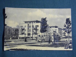 Képeslap,Dunaújváros,Kossuth étterem,Mávaut buszmegálló,Ikarus autóbusz látkép részlet, 1957-