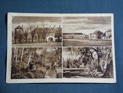 Képeslap,Devecser,mozaik,iskola,Eszterházy kastély,Deák tér,park,sétány látkép részlet, 1953-