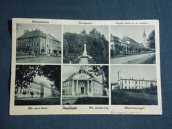 Képeslap,Dombóvár,mozaik,gimnázium,Országzászló,templom,járásbíróság,Döry konzervgyár 1943-