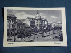 Képeslap,Debrecen,Városi utca látkép,részlet,Aranybika szálló,étterem,1956-
