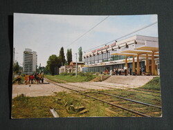 Képeslap,Debrecen,Nagyerdei strand és gyógyfürdő bejárat,villamos megálló látkép,részlet, 1976-