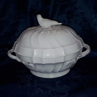 Herendi porcelán nagy leveses tál, fehér, madaras fogóval, gyönyörű