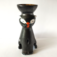 RETRO HANDICRAFT CERAMIC CAT FIGURE SCULPTURE, CANDLE HOLDER