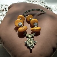 Antique Berber Tribal Jewelry with Large Amber Discs and Cross
