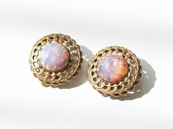 Vintage cabochon üveg cseppes fülklipszek - "sárkány lehelete" opál kő hatás - fülbevaló pár