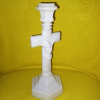 Ritka, régi, tejüveg asztali gyertyatartó, Jézus, kereszt. Vallási kegytárgy.