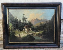 Antik hatalmas Biedermeier festmény szalon kép Osztrák tàjkép jelzett