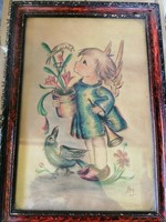 Kislány madarakkal régi grafika rajz jelzett