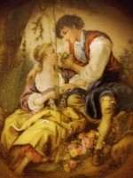 Antik barokk 19. sz. SCHUMANN ARTZBERG jelenetes rézkeretes füles kínáló 19 cm átmérő képek szerint