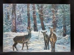 Monos József - Őzek téli erdő szélén olaj, farost festmény 50x70 cm - Vadászat