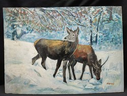 Monos József - Őzek a hóban olaj, farost festmény 50x70 cm