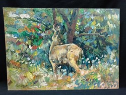 Monos József - Kíváncsi őzbak olaj, farost festmény 50x70 cm - Vadászat